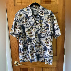 Old Navy Shirt Mens Large Blue Short Sleeve Tropical Hawaiian Button Down Cotton